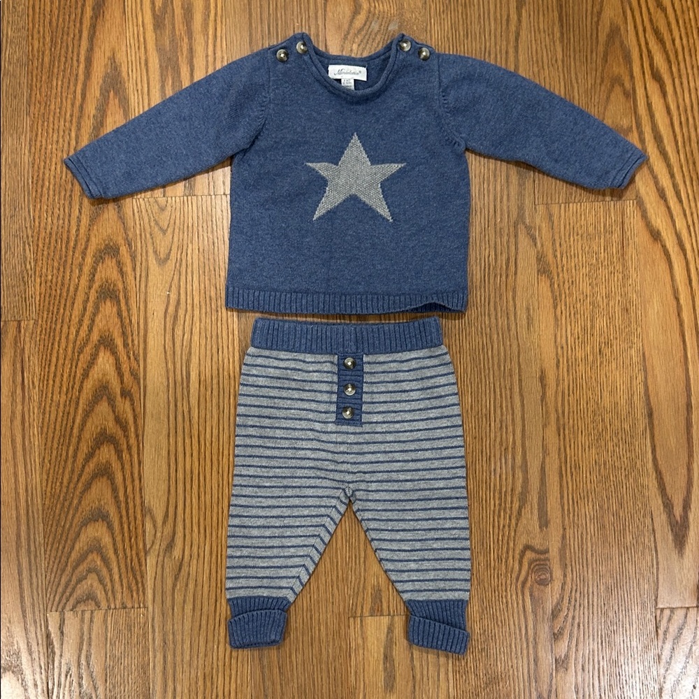 Miniclasix Blue Knit Sweater and Striped Pants Set 6M